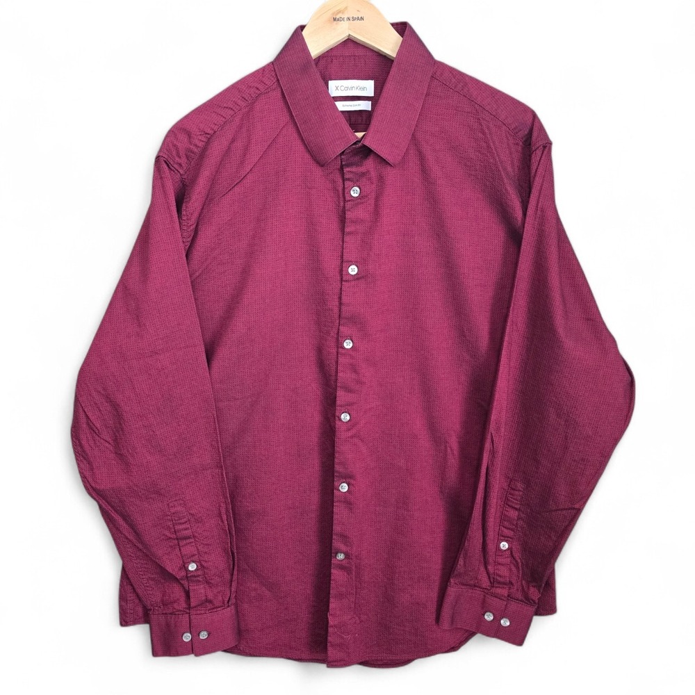 Calvin Klein Dress Shirt Mens 17-17.5 34/35 XL Burgundy Button Extreme Slim Fit
